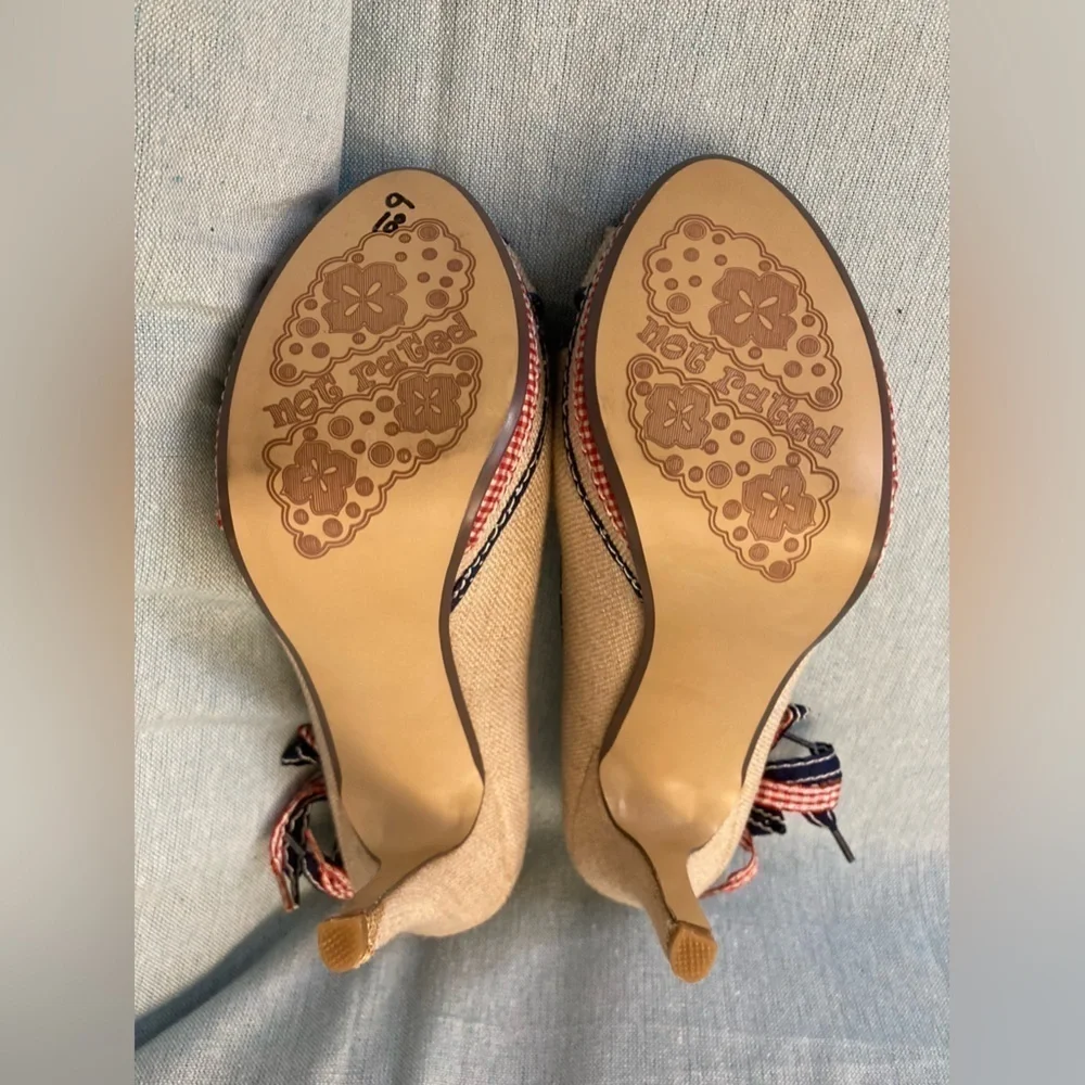 Not Rated Linen Red White and Blue Peep Toe Heels- Size 7.5
